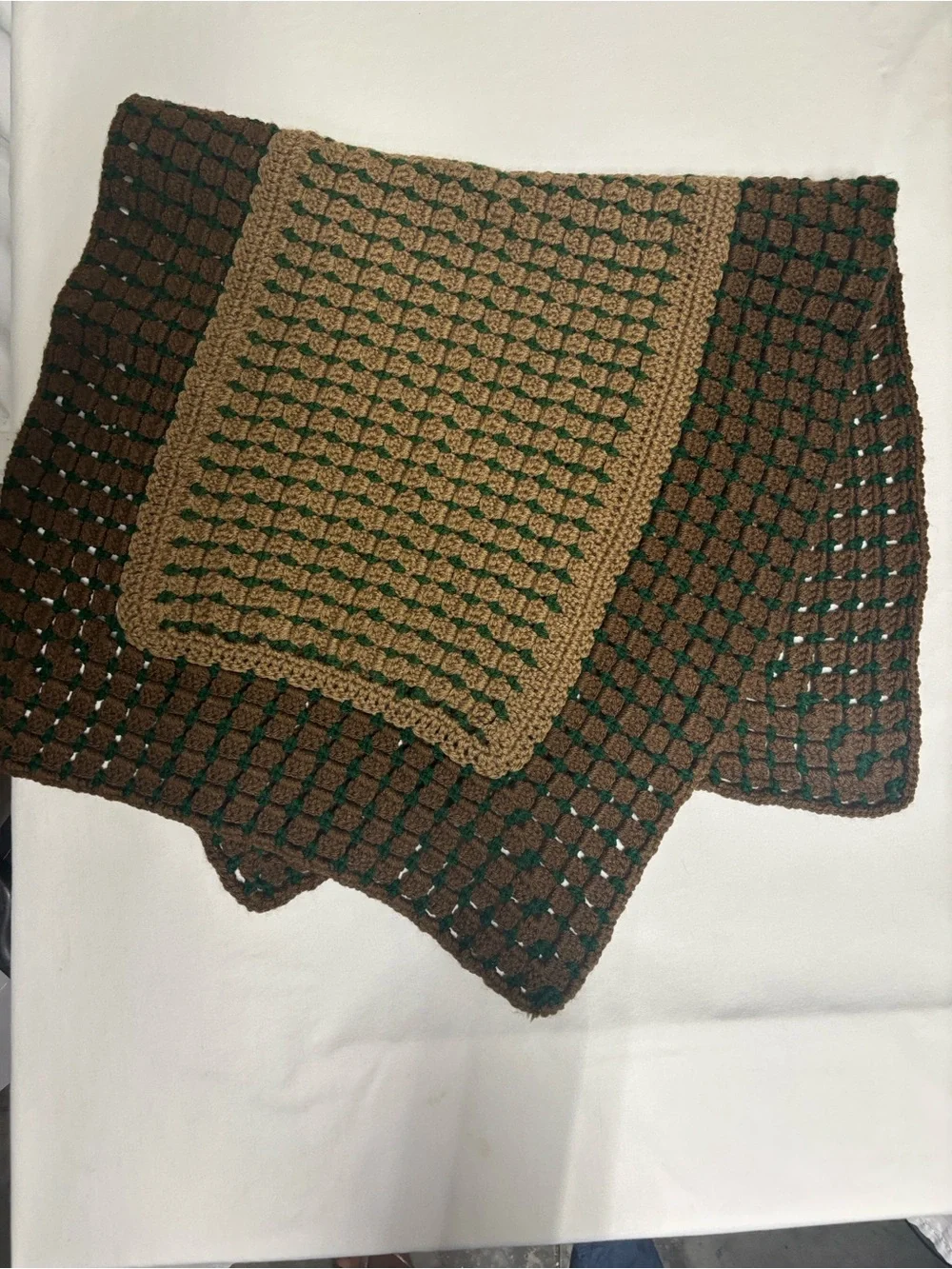 Handmade Crochet Lap Blanket Throw Brown Tan Green Retro Granny Style